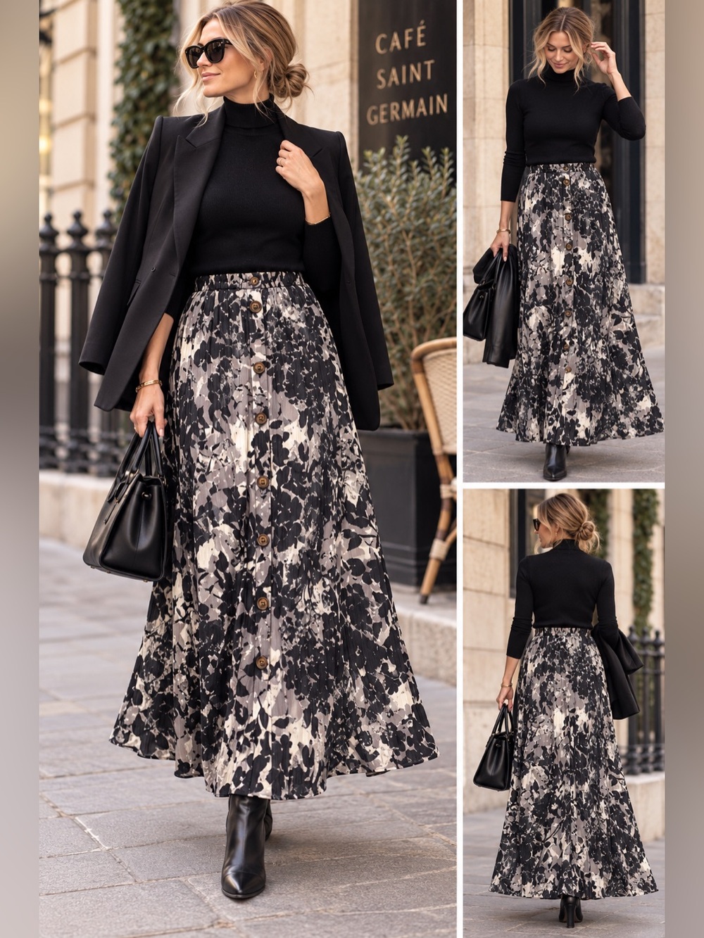 Women's Black & Gray Floral Maxi Skirt - Elegant Pleated Silhouette